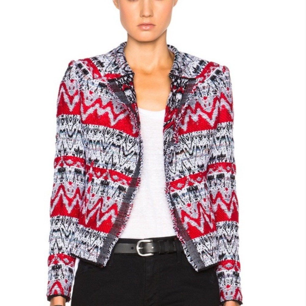 IRO Kroe Red and Black Aztec Tapestry Open Jacket